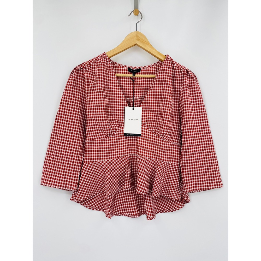 En Saison Peplum Top Women Medium Red Gingham Check V-Neck 3/4 Sleeve